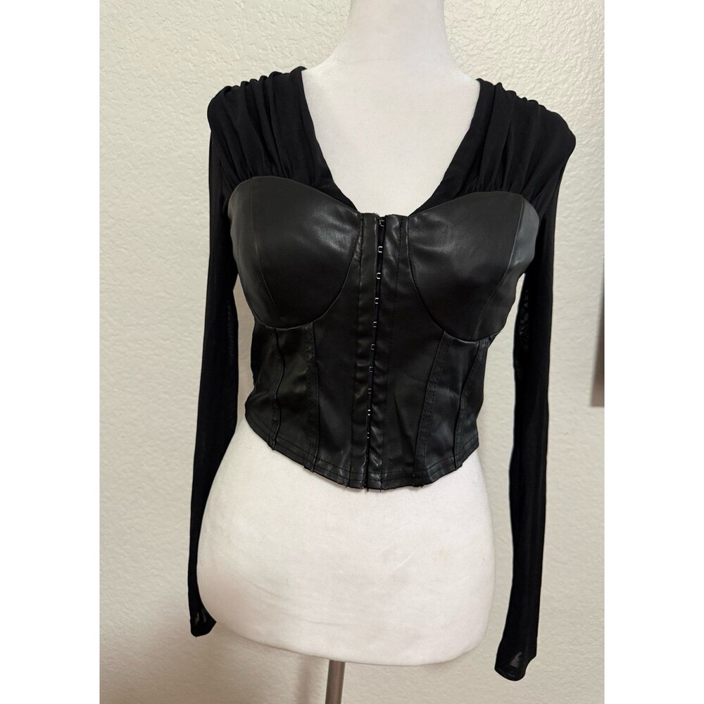 Privy Black Faux Leather Mesh Long Sleeve Corset Crop Top S